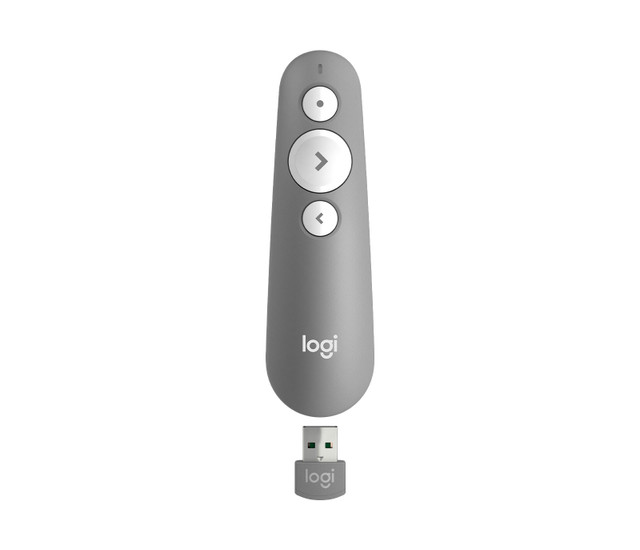 Logitech R500S Laser Presentation Remote with Dual Connectivity Bluetooth & USB, 20m Range Red Laser Pointer, Mid Grey