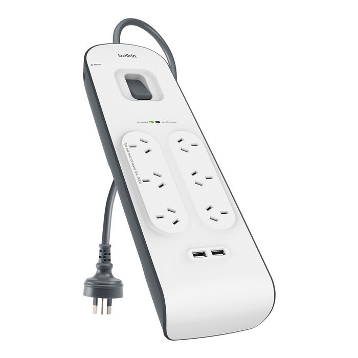 Belkin SurgePlus 6-Outlet Surge Protector with 2.4A USB Charging Ports and 2-Meter Power Cord White (BSV604au2M)