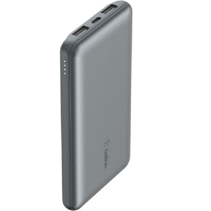 Belkin BoostCharge 10,000mAh Triple-Port Power Bank with USB-C to USB-A Cable - Space Grey, 18W Fast Charging, 2x USB-A 12W & 1x USB-C 15W Ports, TSA Compliant