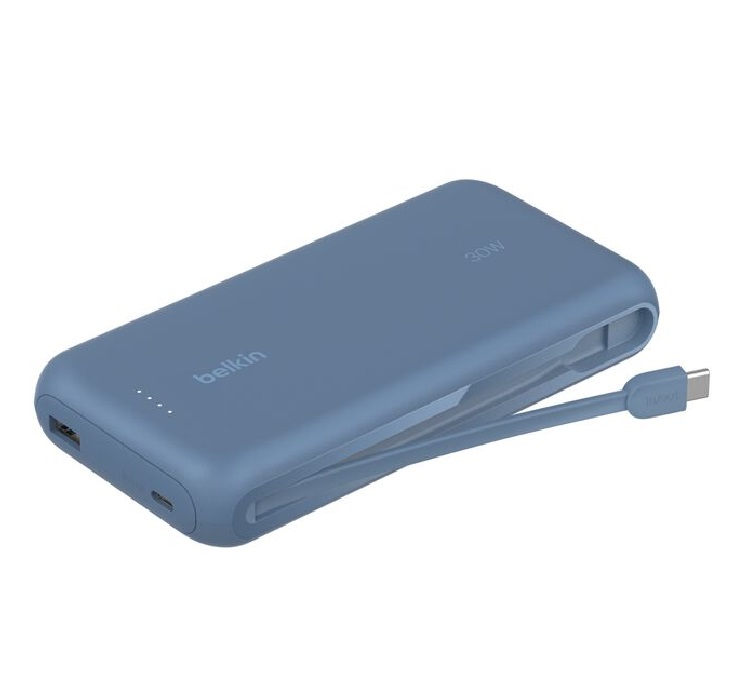 Belkin BoostCharge 20,000mAh Power Bank with Integrated USB-C Cable, 30W Fast Charging, 3 Device Ports, TSA-Compliant, Blue (BPB024fqBL)