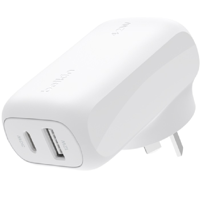 Belkin BoostCharge 42W Dual Wall Charger with USB-C PD 3.0 PPS – 30W USB-C + 12W USB-A Ports, Fast Charging for iPhone & Samsung, Eco-Friendly Design, 2-Year Warranty
