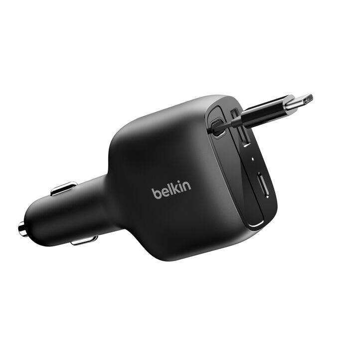 Belkin BoostCharge 75W Retractable Car Charger with USB-C & USB-A Ports, Fast Charging, Compact Design, 2-Year Warranty