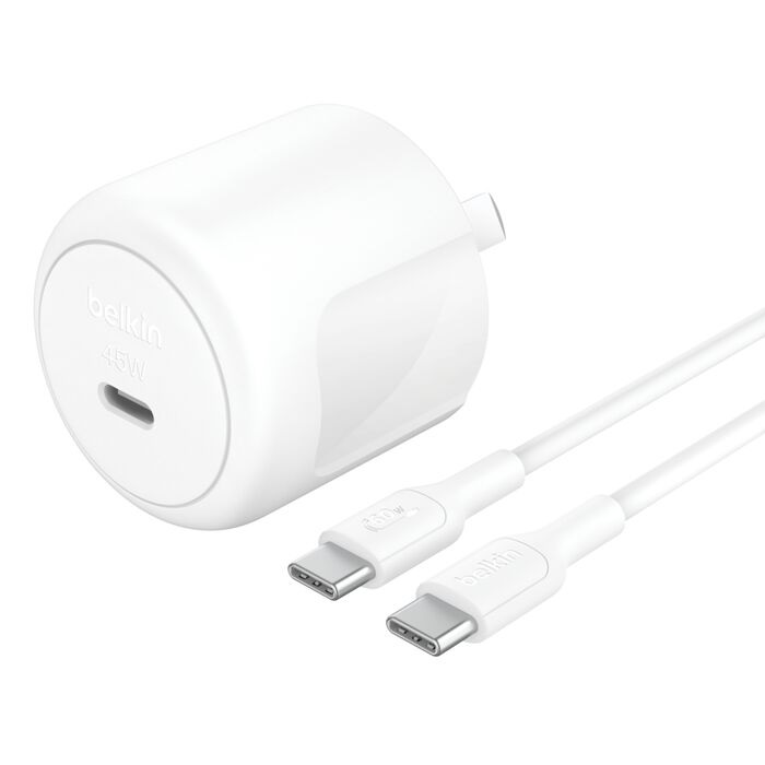 Belkin BoostCharge Compact 45W USB-C PD 3.1 Wall Charger with 60W USB-C to USB-C Cable (1m) - Fast, Safe & Eco-Friendly Charging