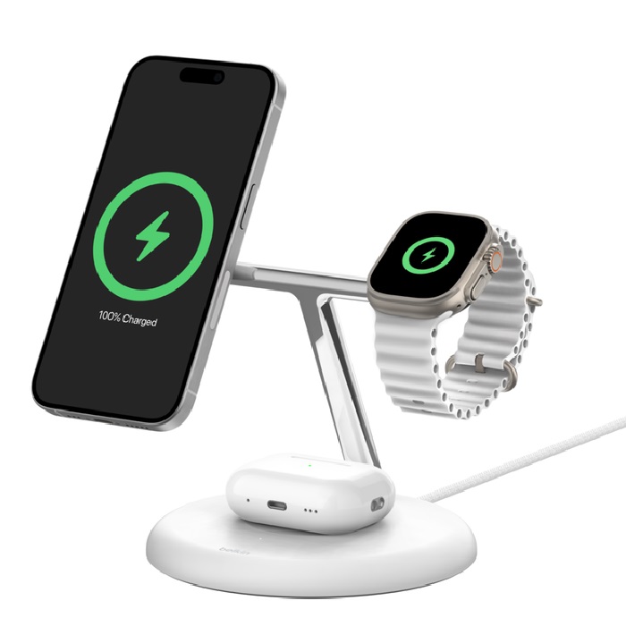 Belkin BoostCharge Pro 3-in-1 Magnetic Qi2 Wireless Charging Stand with 15W Fast Charge, 36W USB-C Wall Charger & 1.5m USB-C Cable - White