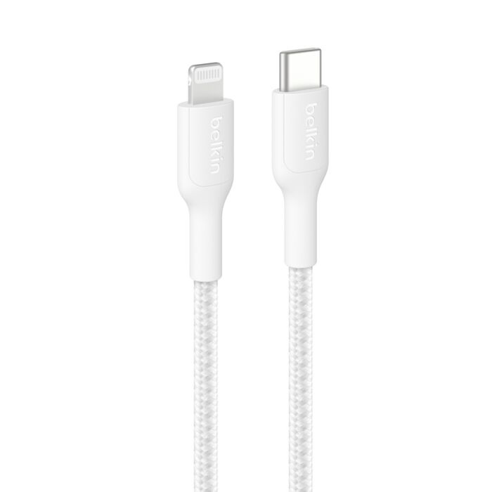 Belkin BoostCharge Pro Braided Lightning to USB-C Cable 2M - 15W Fast Charging, MFi Certified, Durable Eco-Friendly Design, White