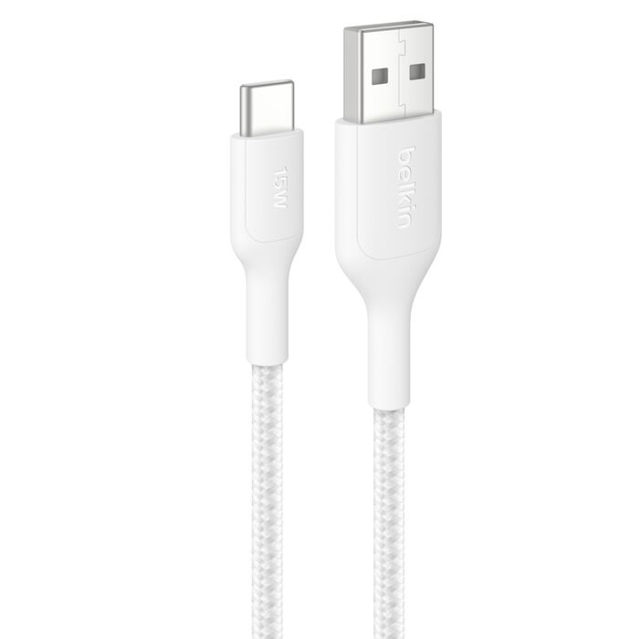 Belkin BoostCharge Pro Braided USB-C to USB-A Cable 1M, 15W Fast Charging, 480Mbps Data, Durable PCR Eco-Friendly Design, White