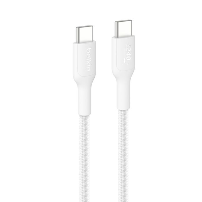 Belkin BoostCharge Pro Braided USB-C to USB-C Cable 1M 240W High-Speed Durable Nylon White USB-IF Certified