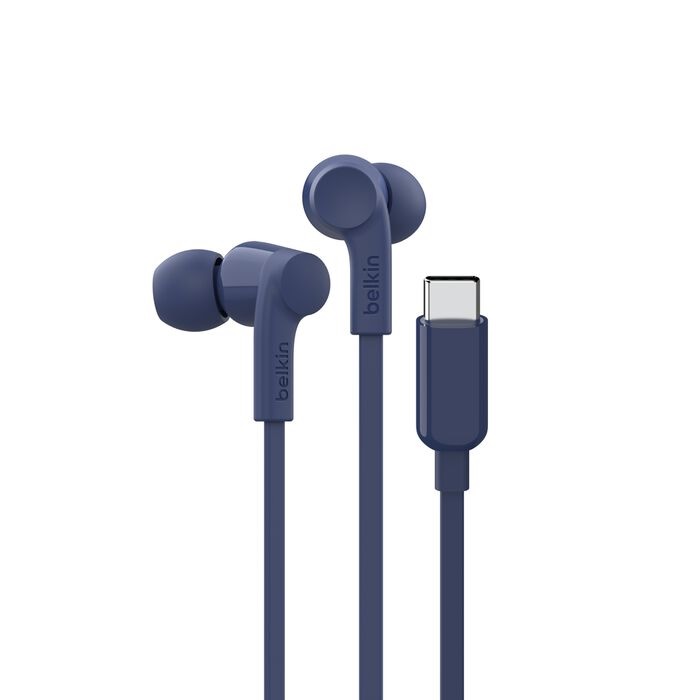 Belkin SoundForm USB-C Wired Earbuds Blue with Adjustable Volume Limiter, IPX5 Sweat Resistance & 10mm Drivers