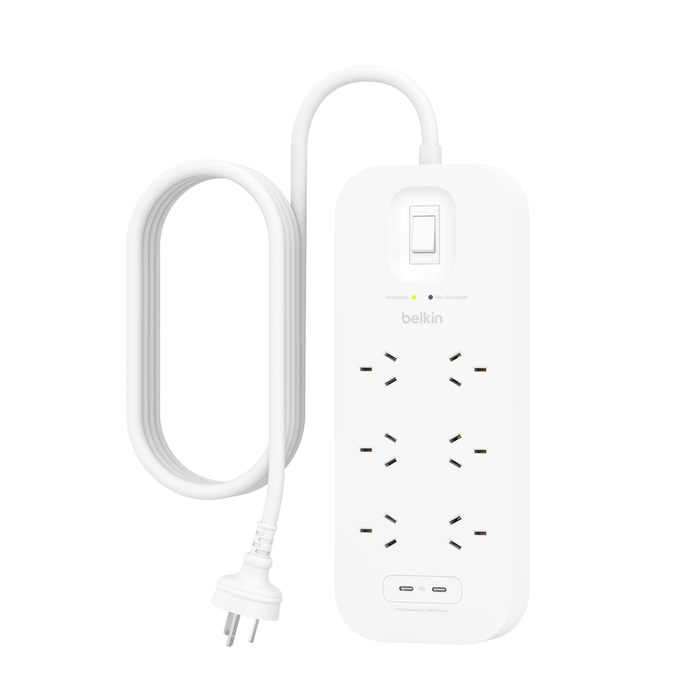 Belkin SurgePro 6-Outlet Surge Protector with Dual USB-C 30W Ports, 650 Joules, 2M Cord, $50,000 Connected Equipment Warranty