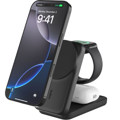 Belkin UltraCharge 3-in-1 Foldable Magnetic Charger with Qi2 25W, 45W USB-C Wall Charger & 1.5m USB-C Cable - Black