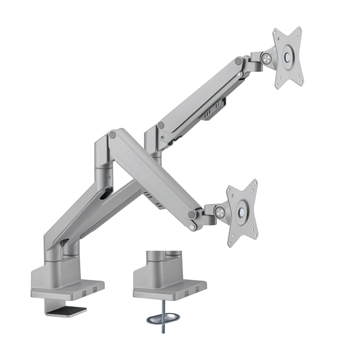 Brateck Dual Monitor Gas Spring Arm for 17-32" Screens, 9kg Capacity, VESA 75x75/100x100, Matte Silver