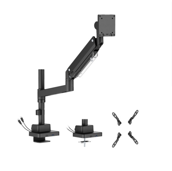 Brateck LDT80-C012UCP Super Heavy-Duty Pole-Mounted Gas Spring Monitor Arm with USB-A & USB-C Ports for 24-57" Screens, Matte Black