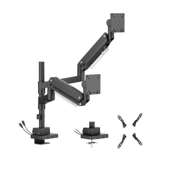 Brateck LDT80-C024UCP Matte Black Heavy-Duty Gas Spring Dual Monitor Arm with USB-A & USB-C for 24"-57" Screens, Adjustable Tilt, Swivel & Rotation