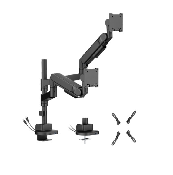 Brateck LDT92-C024UCP-B Heavy-Duty Dual Monitor Arm with Gas Spring & USB-A/USB-C Ports, Fits 24"-57" Screens, Pole-Mounted