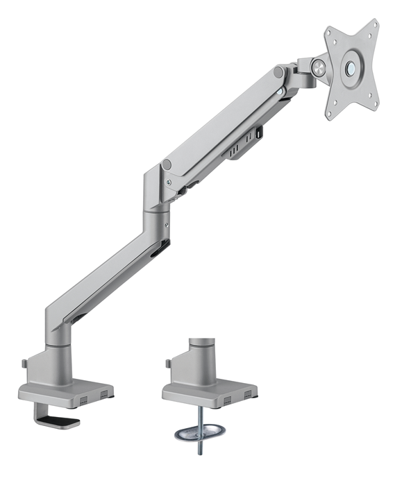 Brateck Single Monitor Thin Gas Spring Arm for 17-32 inch Screens, Up to 9kg, VESA 75x75/100x100, Matte Silver