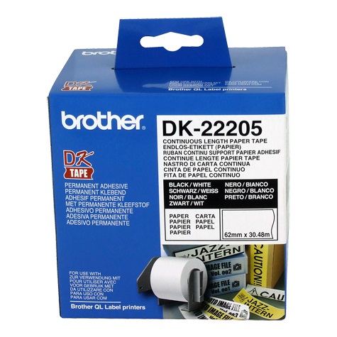 Brother DK-22205 White Continuous Length Paper Roll 62mm x 30.48m - Direct Thermal Adhesive Labels for QL Series Printers