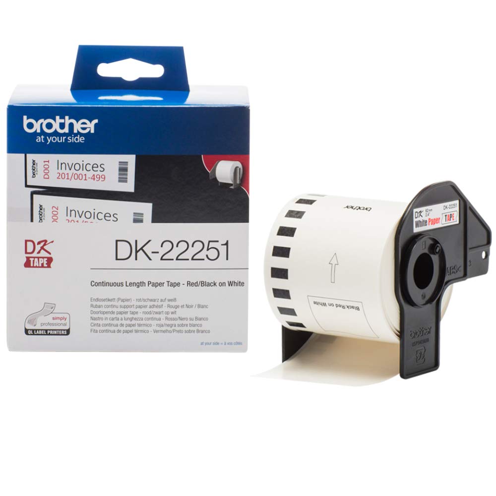 Brother DK-22251 Continuous White Paper Roll 62mm x 15.24m for QL-Series Label Printers - Black and Red Printing