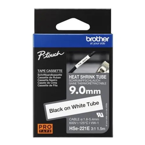 Brother HSe-221E 9mm Black on White Heat Shrink Tube Cassette 3:1 Ratio, 1.5m Length - Compatible with PT-E300VP/E550WVP/D800W/P750W/P900W/P950NW