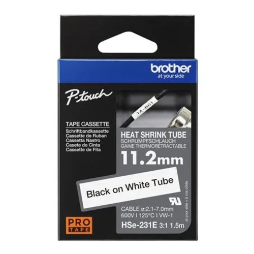 Brother HSE-231E 11.2mm Black on White Heat Shrink Tube Cartridge 3:1 - Compatible with PT-E300VP, E550WVP, D800W, P750W, P900W, P950NW