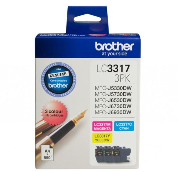 Brother LC-3317 Colour Value Pack – 1 Cyan, 1 Magenta, 1 Yellow Ink Cartridges with 550 Page Yield for MFC-J5330DW and Others