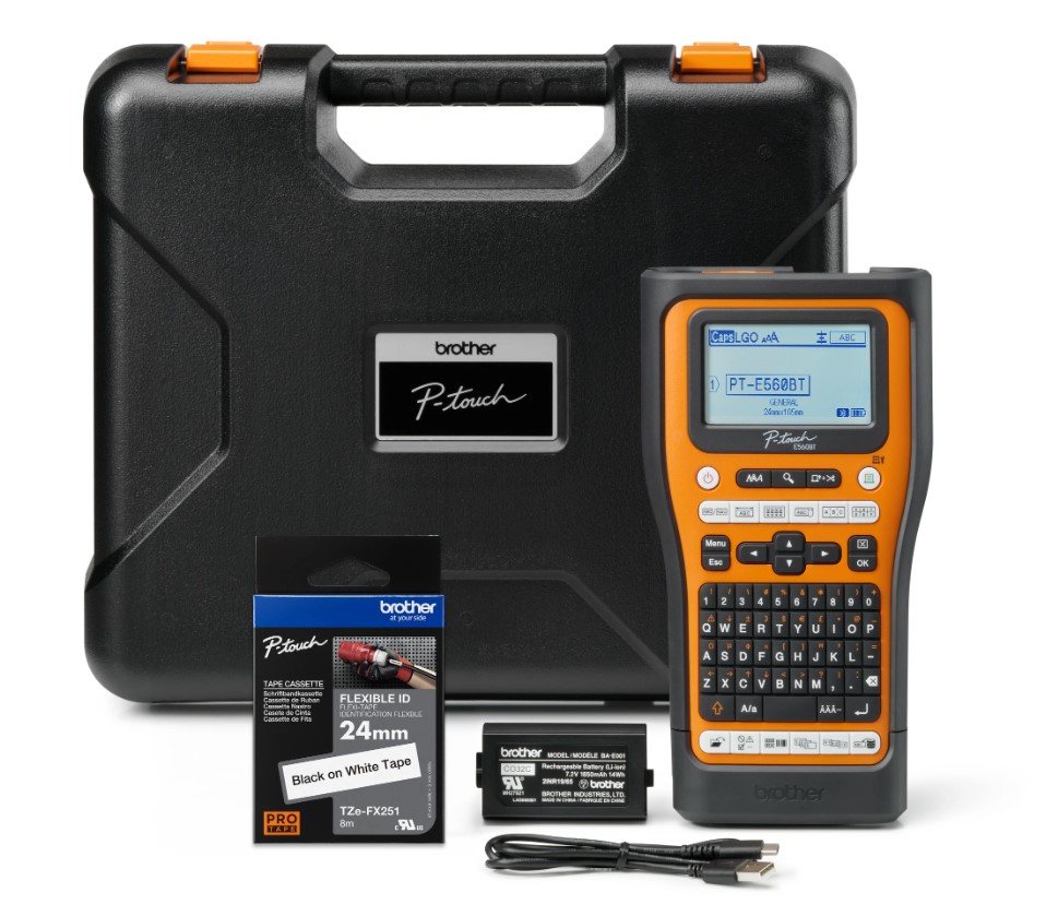 Brother PT-E560BTVP Industrial Handheld Label Printer with Bluetooth, USB-C, Rechargeable Battery, and Auto Cutter - 24mm Tape Support