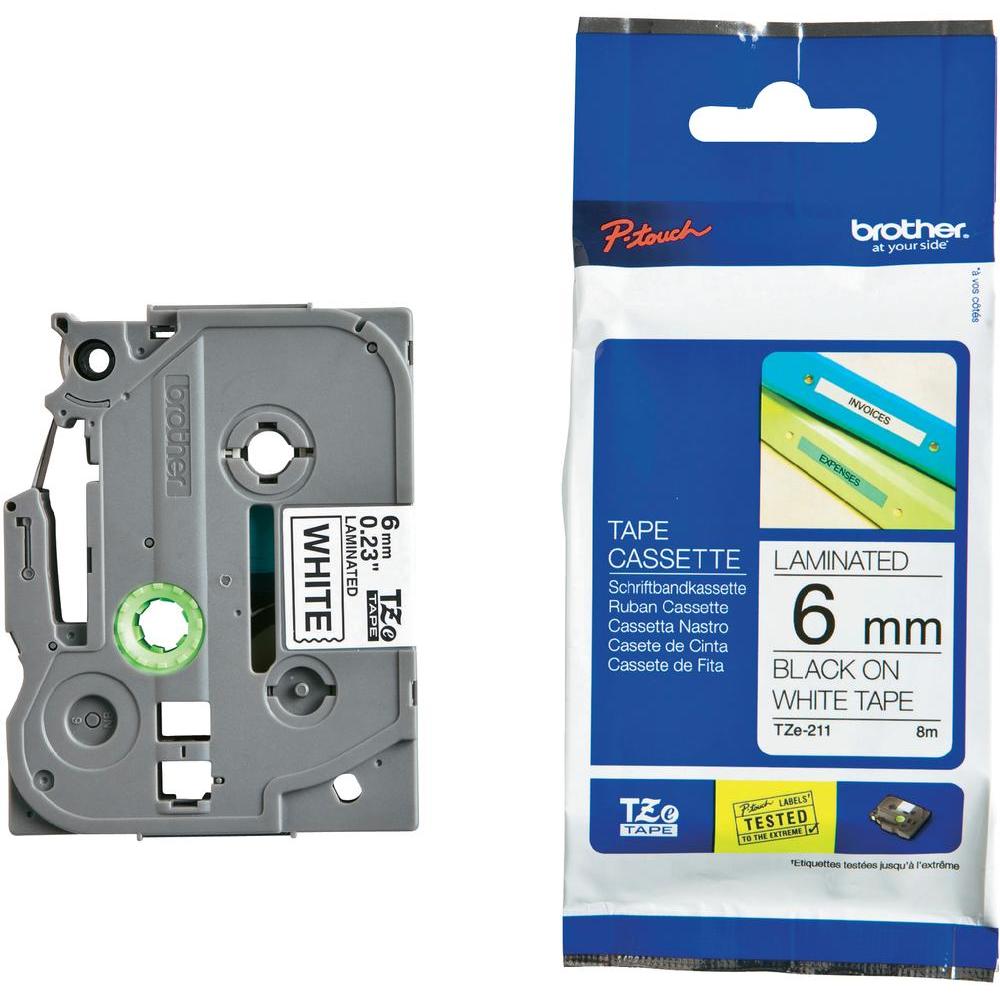 Brother TZe-211 6mm Laminated Black on White Label Tape Cassette, 8 Meter Durable Tape for P-touch Printers