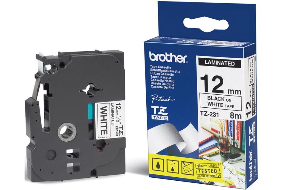 Brother TZe-231 12mm Black on White Laminated Label Tape - 8m Durable Adhesive Tape for P-Touch Labellers