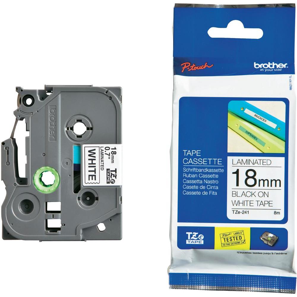 Brother TZe-241 18mm Black on White Laminated Label Tape Cassette - 8m Durable, Water & Fade Resistant
