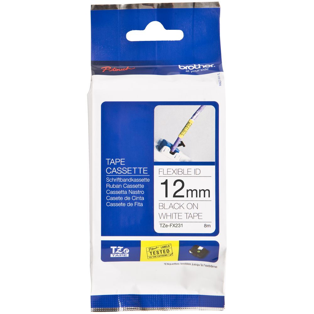 Brother TZe-FX231 12mm Black on White Flexible Laminated ID Tape - Durable Cable & Wire Labeling Tape Compatible with P-touch Labelers