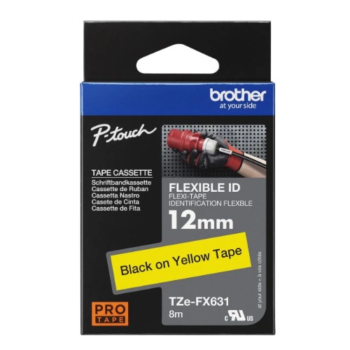 Brother TZE-FX631 12mm Black on Yellow Flexible Laminated Identification Tape for Curved Surfaces - 8m