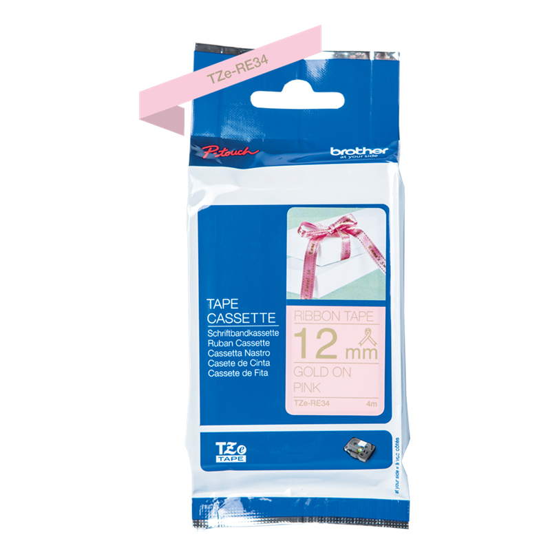 Brother TZe-RE34 12mm Gold on Pink Satin Ribbon Label Tape - 4m for P-touch Label Printers