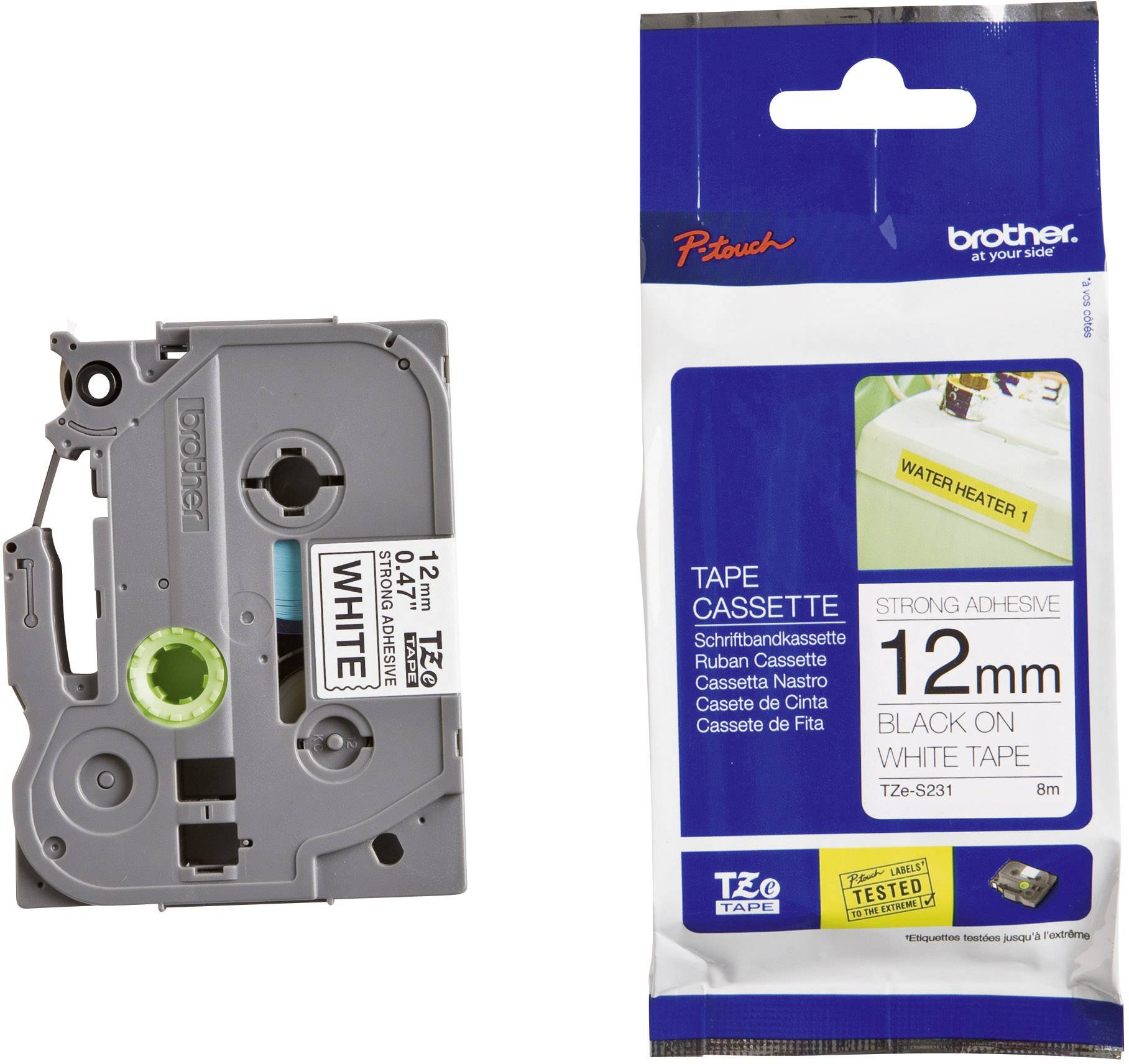 Brother TZe-S231 12mm Black on White Strong Adhesive Laminated Label Tape Cassette - 8m Durable Industrial Tape for P-touch Printers
