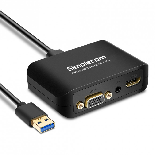 Simplecom DA326 USB 3.0 to HDMI + VGA Video Adapter with 3.5mm Audio - Full HD 1080p Multi-Monitor Support for Windows PCs