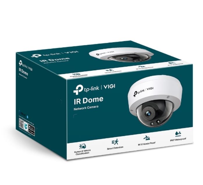 TP-Link VIGI 4MP IR Dome Network Camera with 2.8mm Lens, Smart Detection, IK10 Vandal-Proof, IP67 Waterproof, PoE/12V DC, 3-Year Warranty