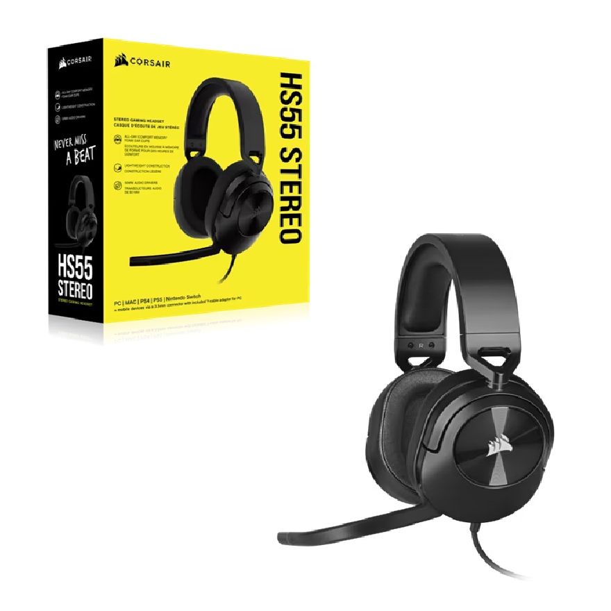 Corsair HS55 Stereo Wired Gaming Headset - Carbon, 50mm Neodymium Drivers, Omni-directional Mic, 3.5mm Connector, Multi-Platform (PC/PS/Xbox/Switch/Mobile)