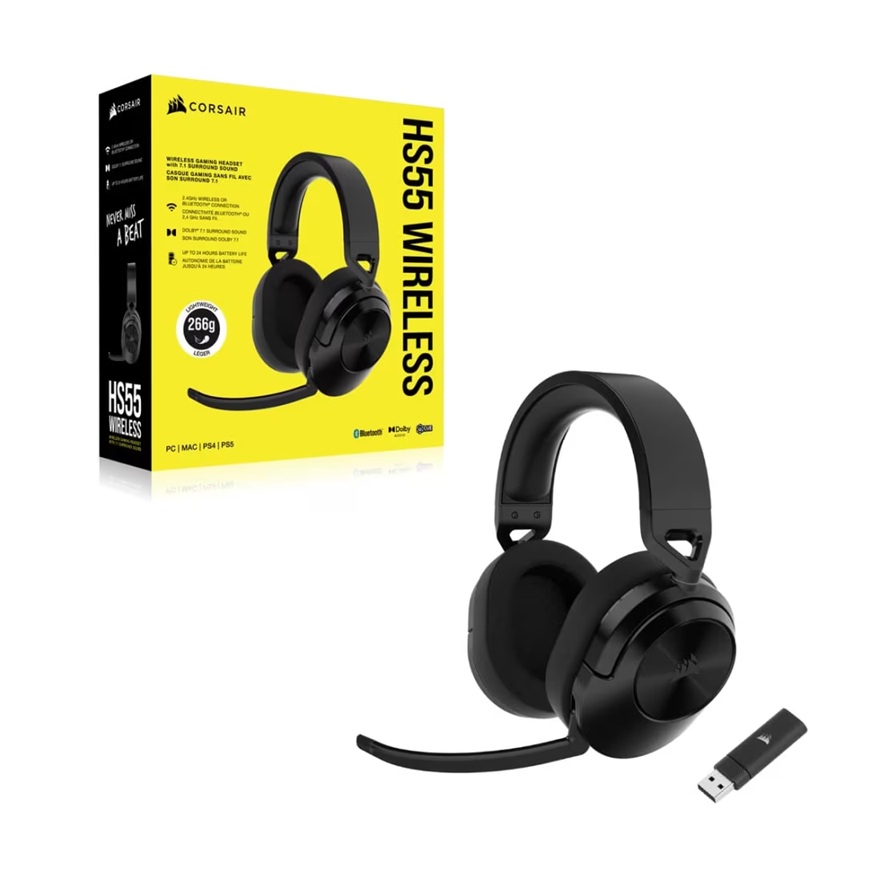 Corsair HS55 Wireless Gaming Headset Carbon - 50mm Drivers, Dolby 7.1, 24H Battery, 50ft Wireless Range, PC/PS4/PS5 Compatible with iCUE Software