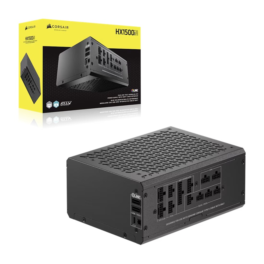 Corsair HX1500i SHIFT 1500W Fully Modular Platinum ATX 3.1 Power Supply with Integrated iCUE LINK, 140mm FDB Fan, 10-Year Warranty