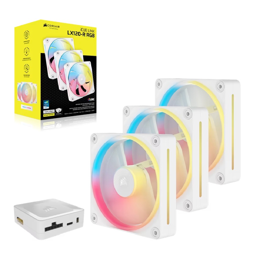 Corsair iCUE LINK LX120-R RGB 120mm PWM Reverse Fans Starter Kit Triple Pack - White, 66.7CFM, 2400RPM, Low Noise Magnetic Dome Bearing