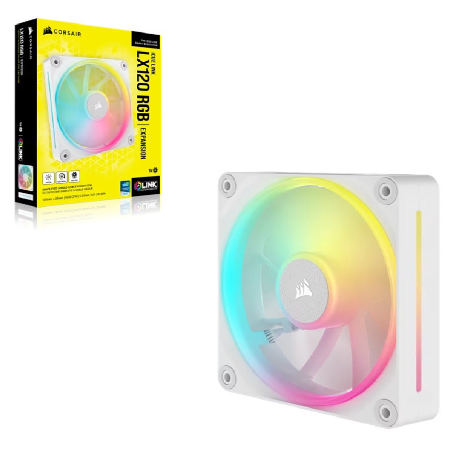 Corsair iCUE LINK LX120 RGB 120mm PWM Single Fan Expansion - White, Static Pressure, 2400 RPM, 69.9 CFM, Magnetic Dome Bearing, RGB Lighting