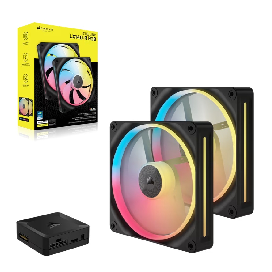 Corsair iCUE LINK LX140-R RGB 140mm PWM Reverse Fans Dual Pack with Magnetic Dome Bearing, 90.6 CFM, 2000 RPM, Static Pressure Cooling & iCUE LINK Hub