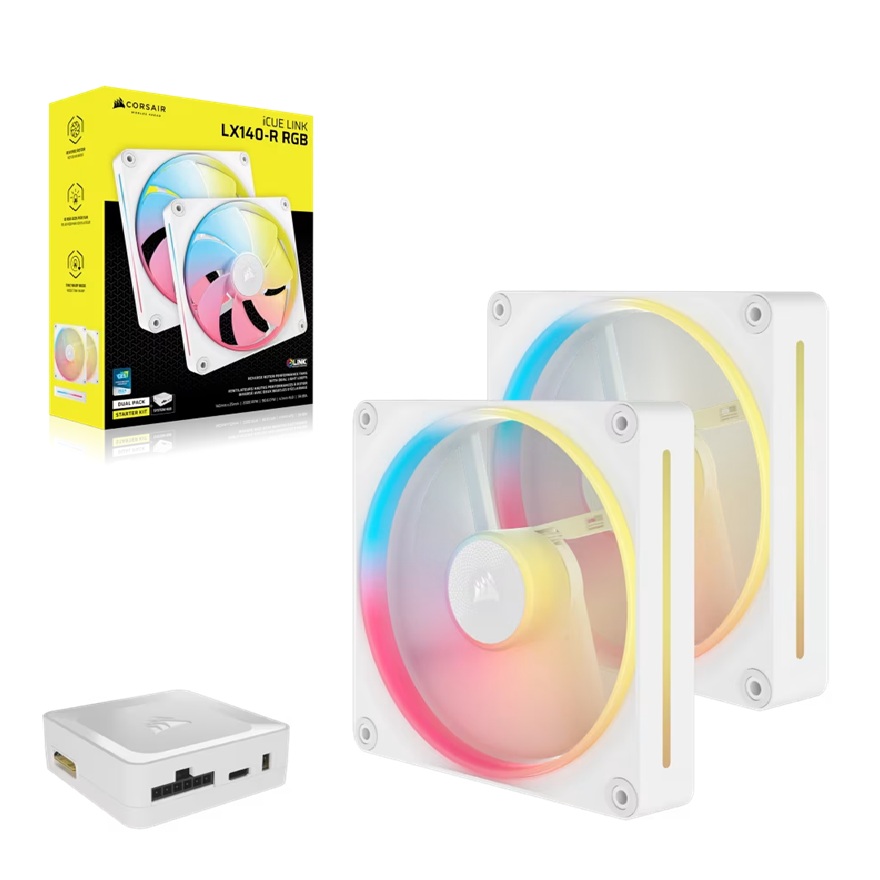 Corsair iCUE LINK LX140-R RGB 140mm PWM Reverse Fans Starter Kit Dual Pack White - 90.6 CFM, 2000 RPM, Magnetic Dome Bearing, High Static Pressure Cooling