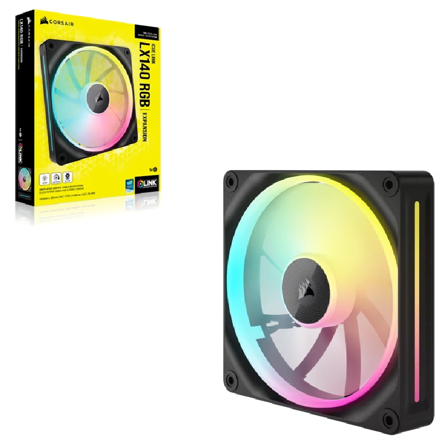 Corsair iCUE LINK LX140 RGB 140mm PWM Single Fan Expansion – Static Pressure, 2000 RPM, Magnetic Dome Bearing, RGB Lighting