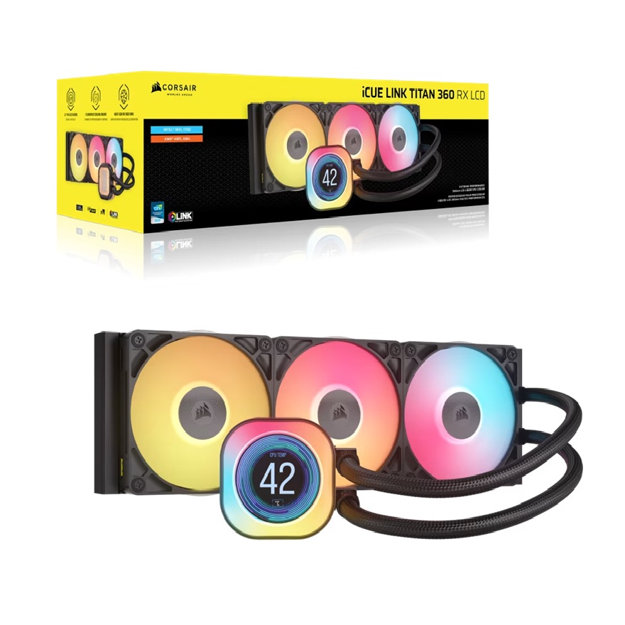 Corsair iCUE LINK TITAN 360 RX LCD Liquid CPU Cooler – 360mm Aluminum Radiator, Copper Cold Plate, RGB LCD Pump, Intel LGA 1851/1700 & AMD AM5/AM4 Support