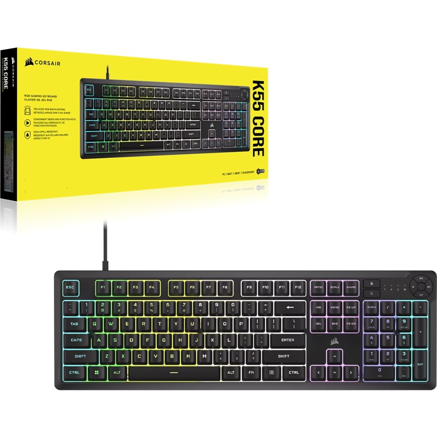 Corsair K55 CORE RGB Gaming Keyboard - Black Wired Extended Layout, 6 Macro Keys, Rubber Dome Switches, 12KRO, USB Type-A, iCUE Software Support