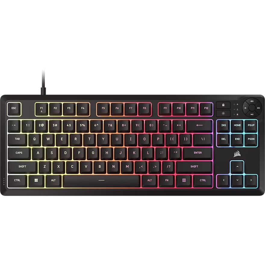 Corsair K55 CORE TKL RGB Gaming Keyboard - 87-Key Tenkeyless, 1000Hz Polling, 12KRO, Spill-Resistant Rubber Dome, USB 2.0 Wired, Dedicated Media & WIN Lock, iCUE Lighting