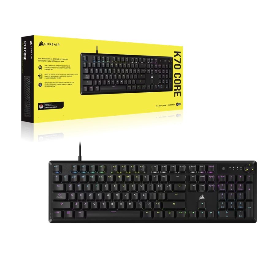 Corsair K70 CORE RGB Mechanical Gaming Keyboard - Full-Size, MLX Red Linear Switches, USB Wired, 1,000Hz NKRO, RGB Backlit, PC & Mac Compatible
