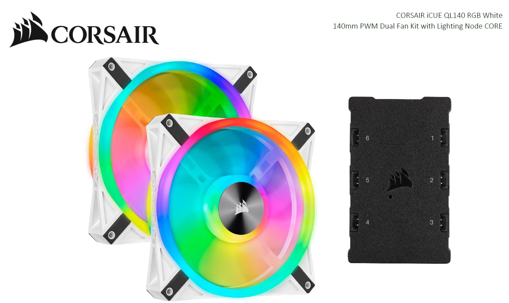 Corsair QL140 RGB White Dual Fan Kit with Lighting Node Core, 140mm PWM RGB LED Fans, 26dBA, 50.2 CFM - 2 Pack