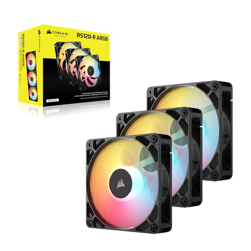 Corsair RS120-R ARGB 120mm PWM Reverse Fans Triple Pack – High-Performance RGB Intake Cooling with Magnetic Dome Bearing & PWM Control