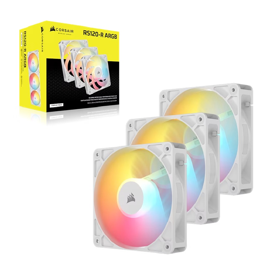 Corsair RS120-R ARGB 120mm PWM Reverse Fans Triple Pack - White, 2100 RPM, 65.82 CFM, Magnetic Dome Bearing, RGB Lighting, PWM Control