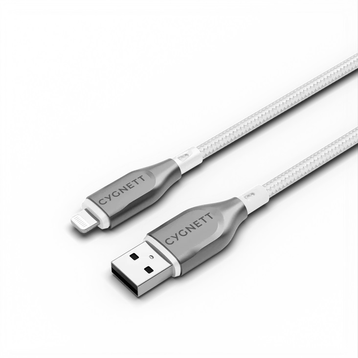 Cygnett Armoured Braided Lightning to USB-A (2.0) Cable 1m White - Durable, 2.5A Turbo Charging, 480Mbps, Apple MFi Certified, 5 Year Warranty